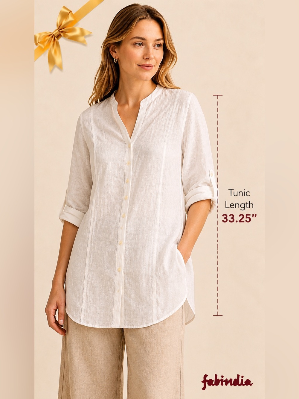 Fabindia 100% Linen Roll Tab Sleeve Button Front Tunic Blouse White M